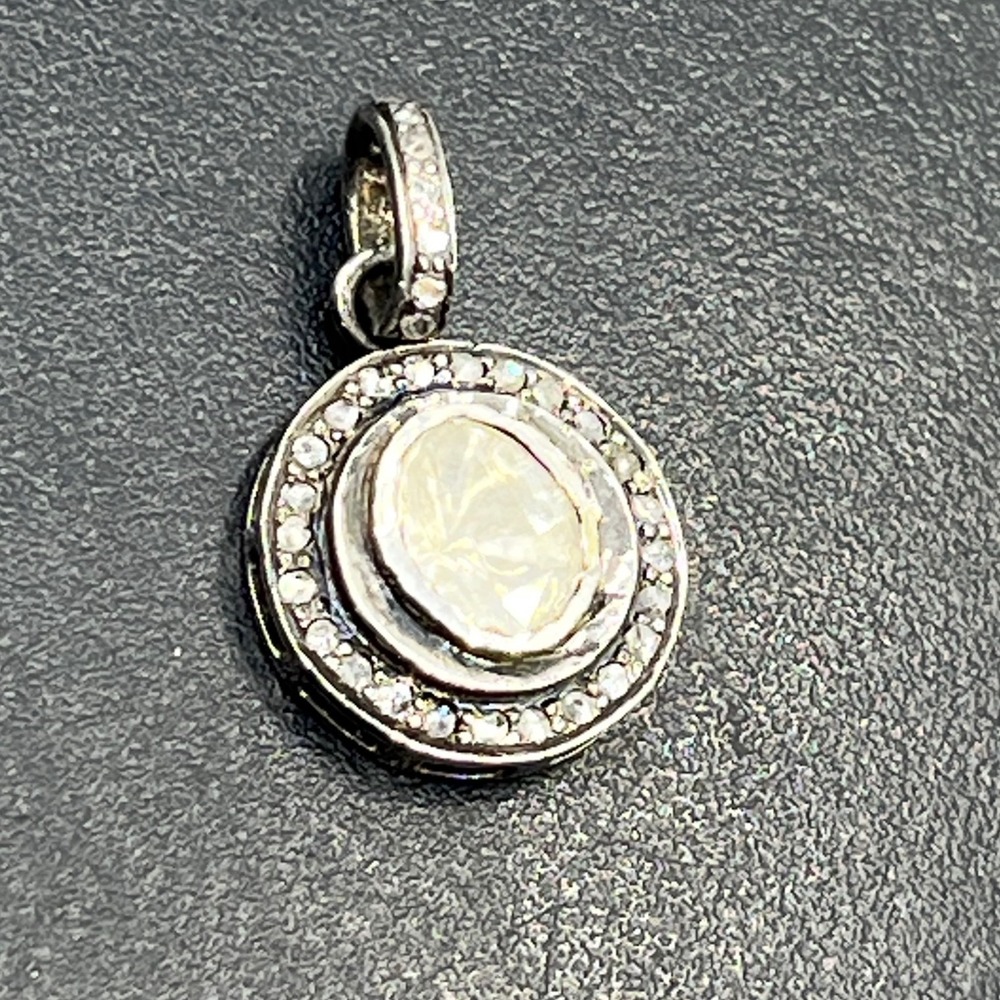 925 Sterling Silver Black Rhodium Natural Oval Polki Diamond Pendant‎ Charm